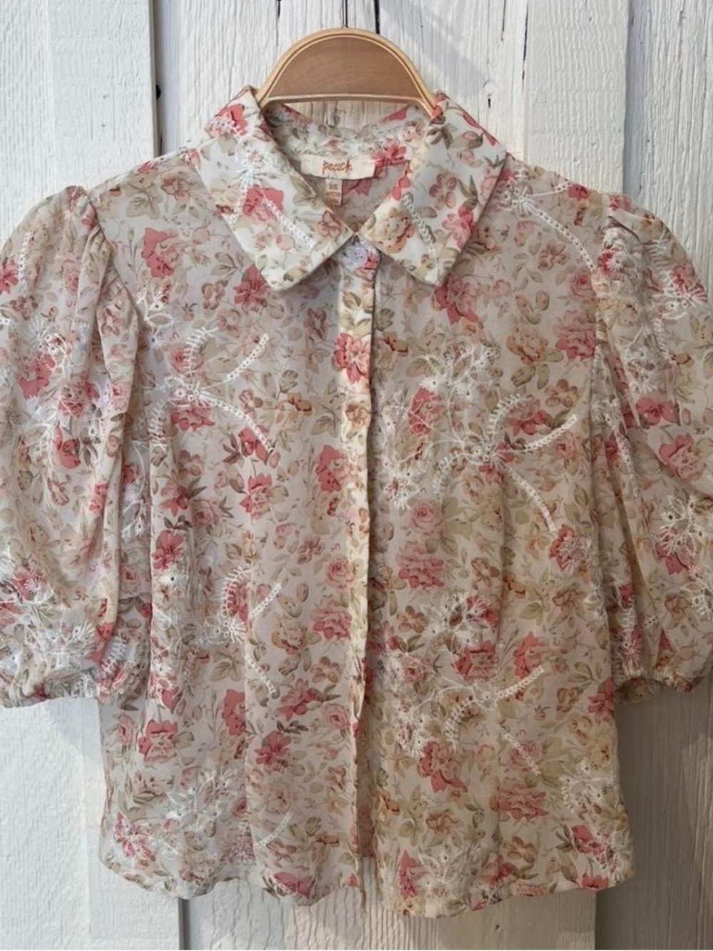 Floral Puff Sleeve Sheer Blouse - Pink & Cream